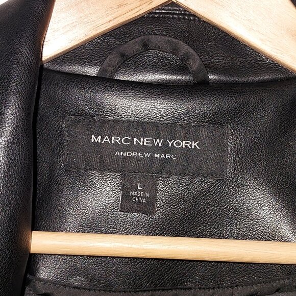 NWOT - Andrew Marc New York (L) Black Faux Leather Motorcycle Jacket Trench Coat - Picture 4 of 7